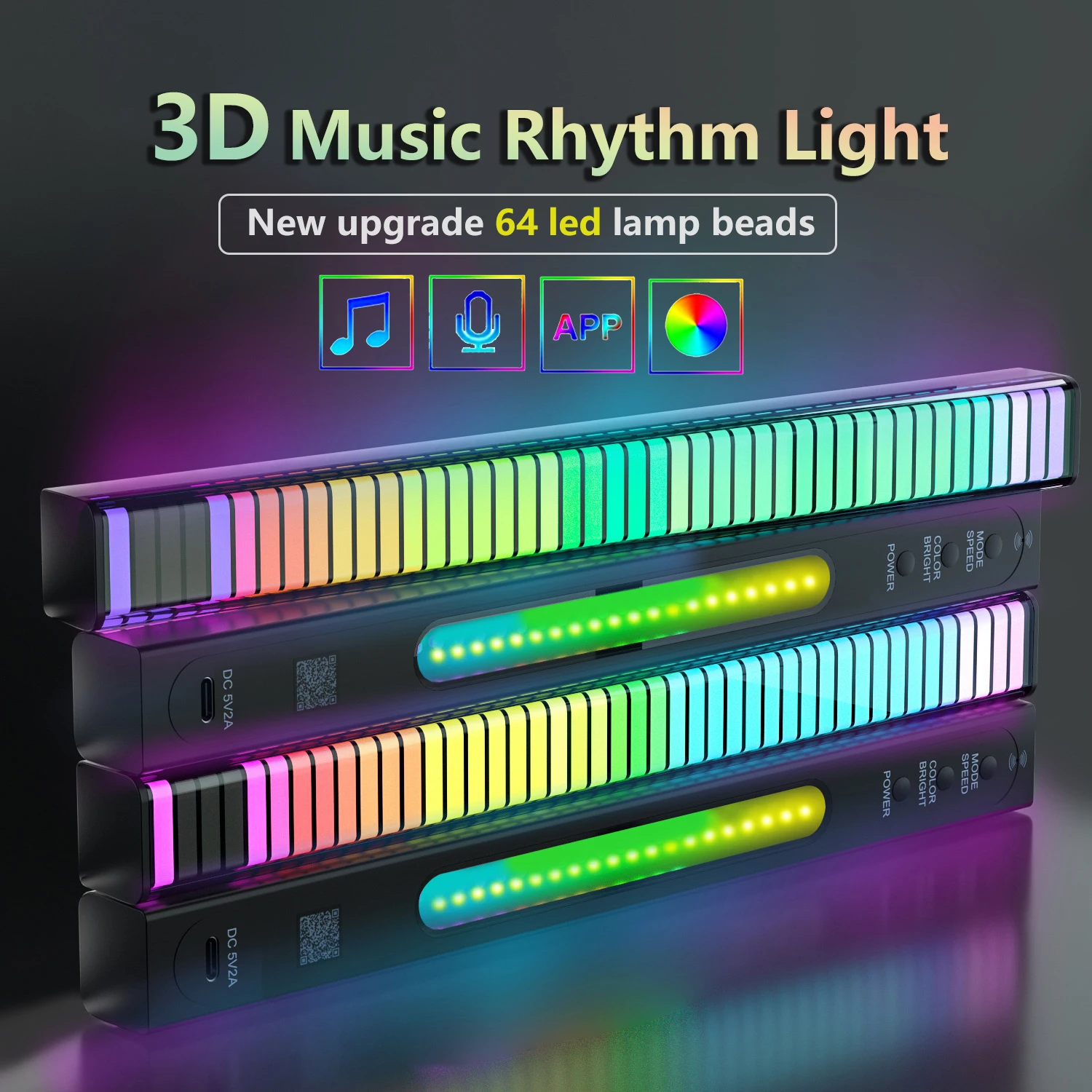 Novelty 64LED Ambient Night Light Strip Music Sound Control 3D Gaming Light RGB Pickup Rhythm Lamp For Bar Car Party Audio Decor