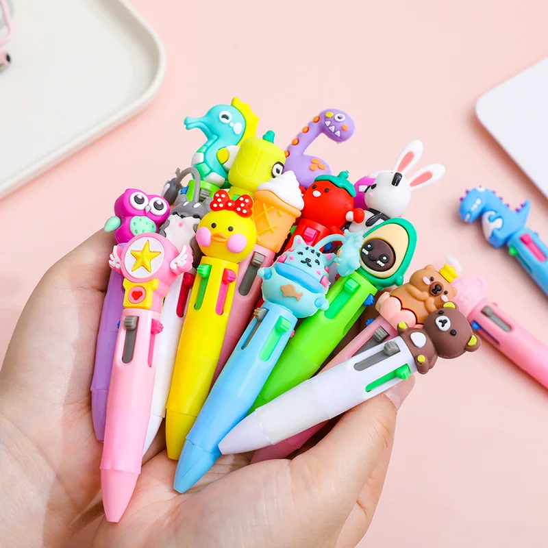 12 Pcs Cartoon Four-color Ballpoint Pen Cute Pet Mini Cute Cartoon Pattern Prize Writing Supplies