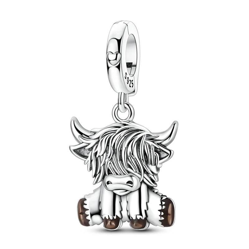 

925 Sterling Silver Charms Bead CZ Zircon Highland Cattle Dangle Fit Original Bracelet DIY Women Jewelry Gift