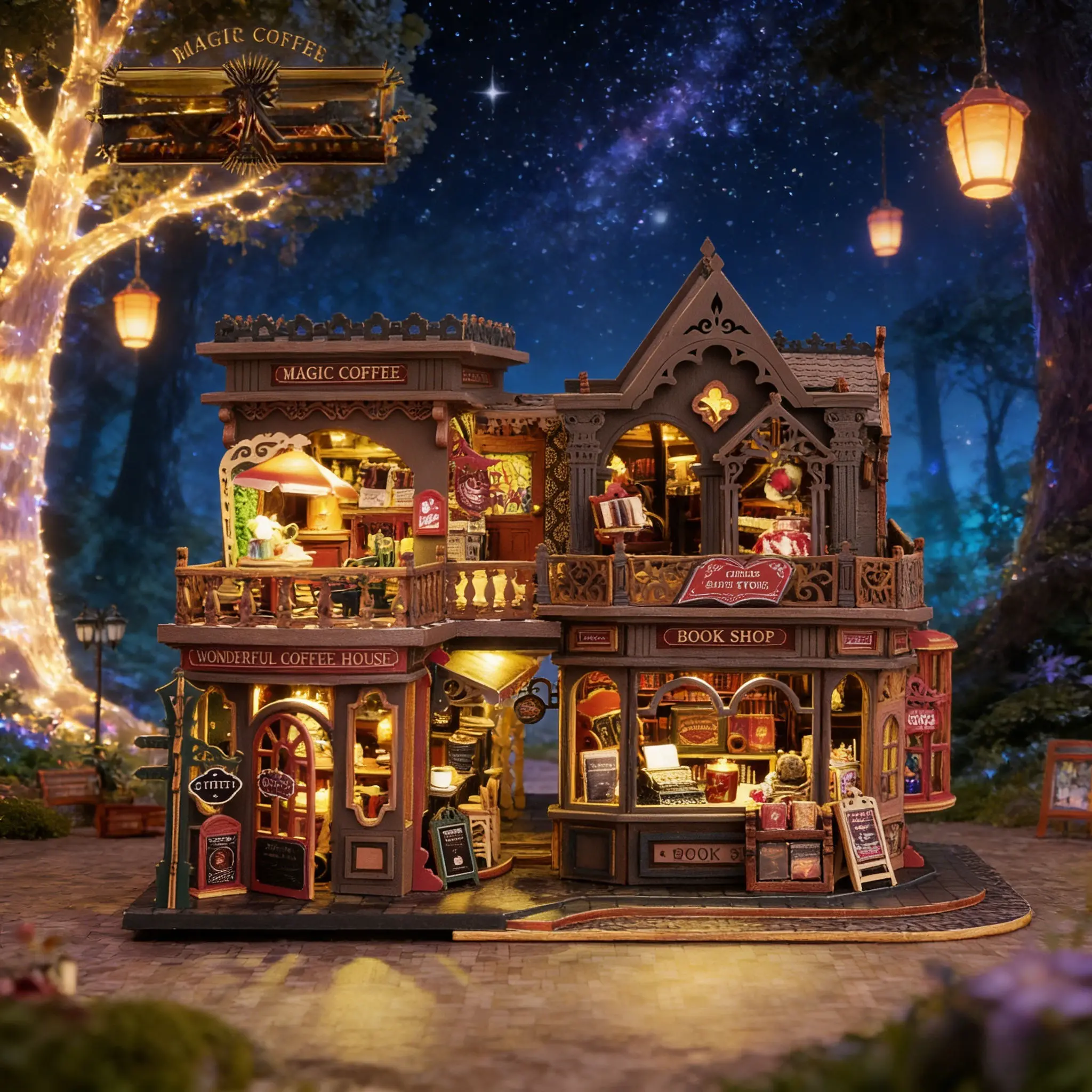 Magic Coffee & Book Shop DIY Dollhouse Model - Handmade Assemble Bookend Coffee House Miniature Building Toy Craft Kit Decor