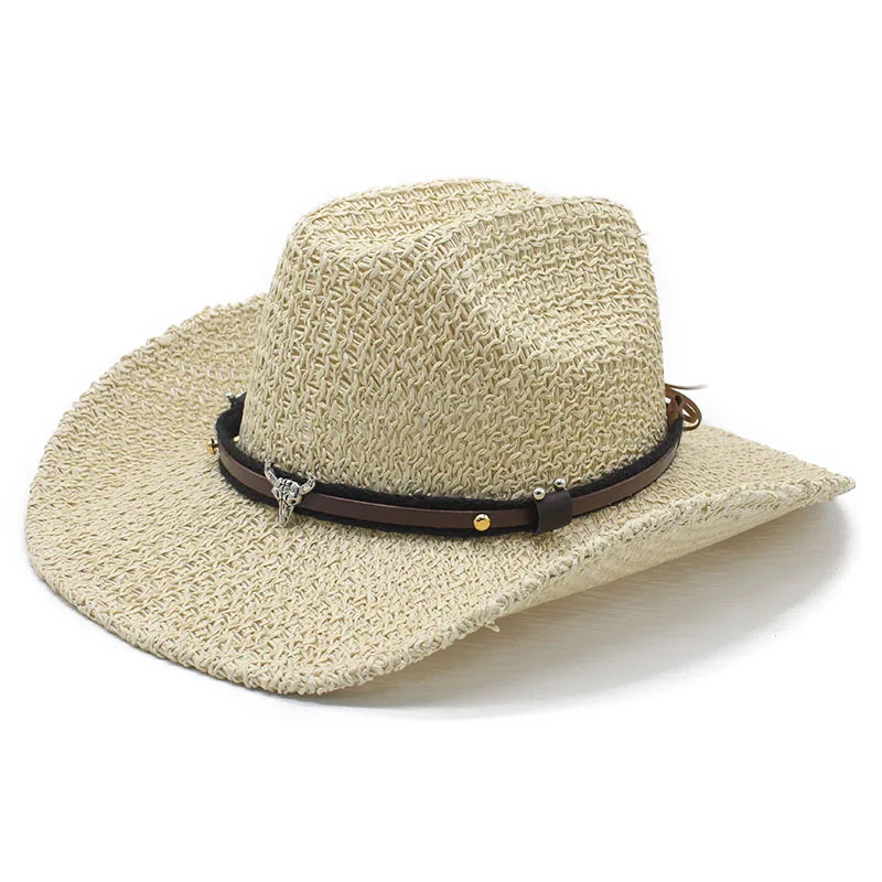 Breathable Summer Sun Hat, Hand-woven With A Rolled Brim, Western Cowboy Straw Hat With Cow Head Design, Vintage Beach Hat