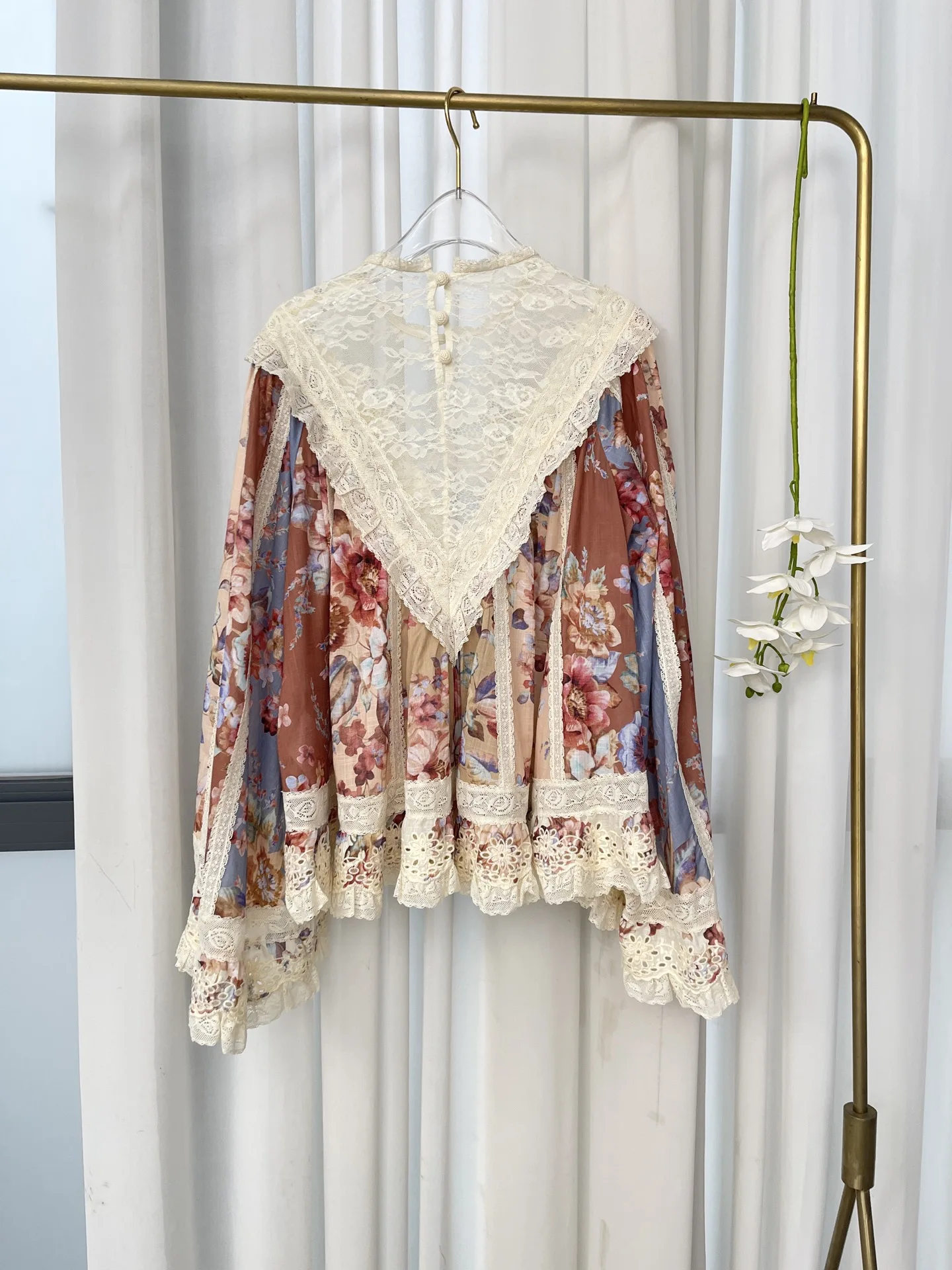 

Full Flare Sleeve Pure Cotton Lace Patchwork Women Blouse Tops 2026 New Floral Print High Quality Spring Summer