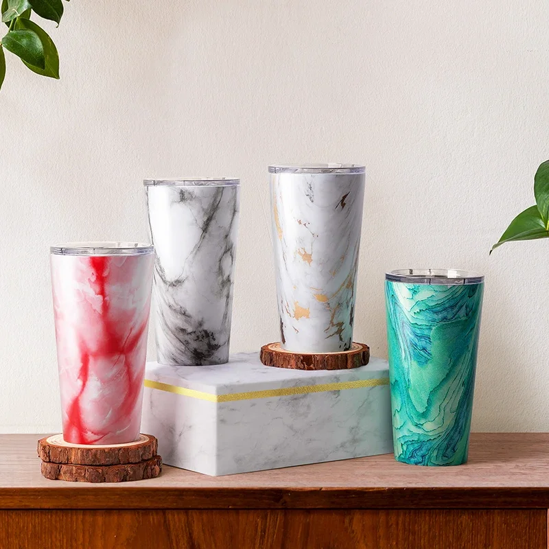 PYD Life RTS Free Sample 16oz Coffee to go Tumbler Cups Stainless Steel Green Marble Tumbler with Lid