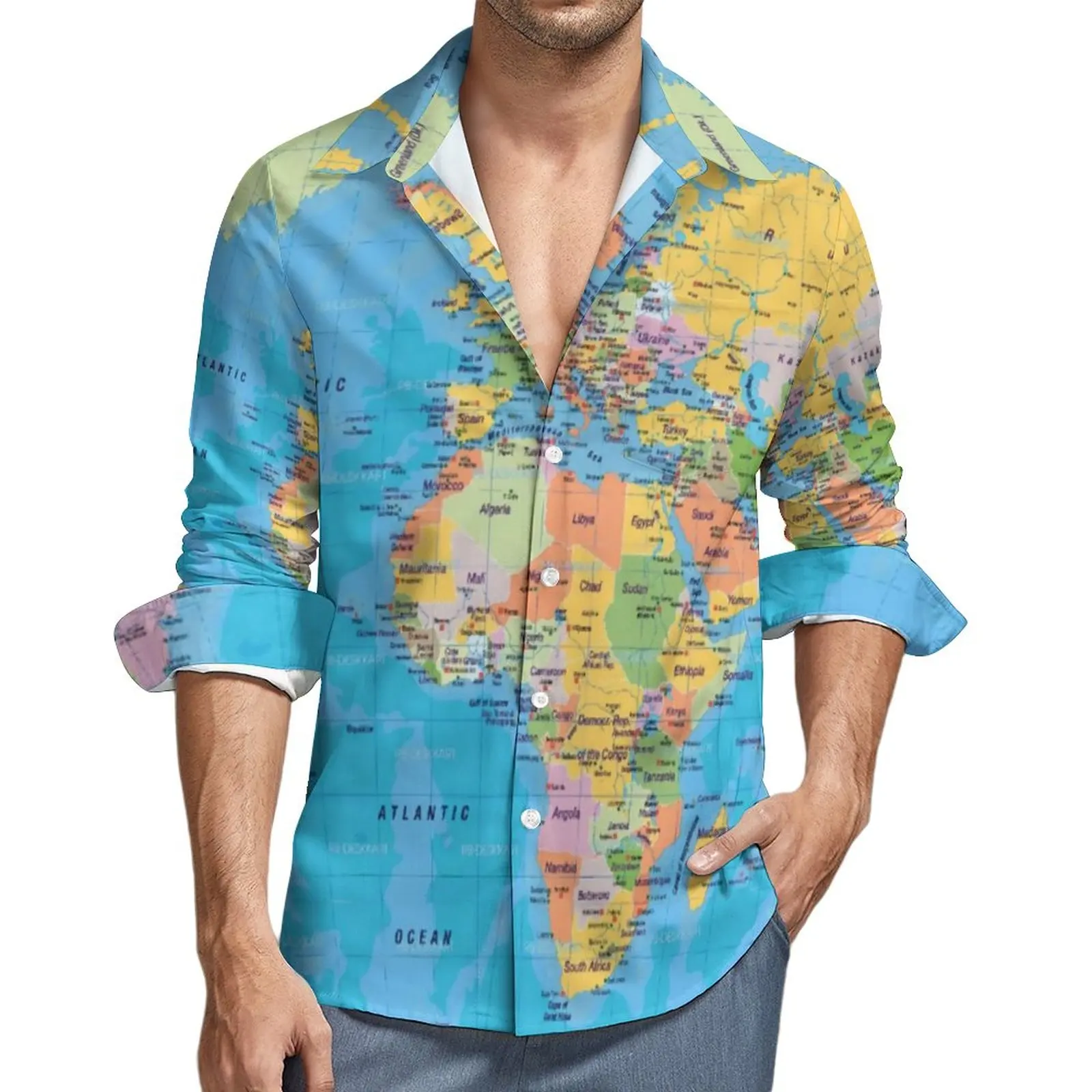 Fashion Earth Map Street Style Casual Shirt Men Vintage 3D World Map Print Shirt Autumn Vintage Blouses Long Sleeve Graphic Tops