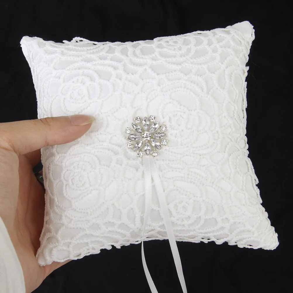 

White Milk Silk Wedding Ring Pillow 15x15cm Satin Ribbons Rhinestones Strap Ring Bearer Compact Lightweight Ceremony