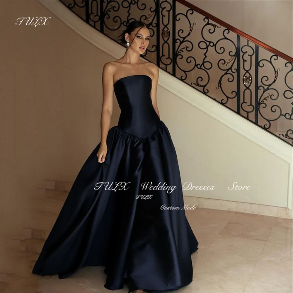 

TULX Elegant Dubai Arab Satin Sleeveless Evening Dress Women A-line Long Formal Gowns Strapless Dark Blue Event Party Gowns 2025