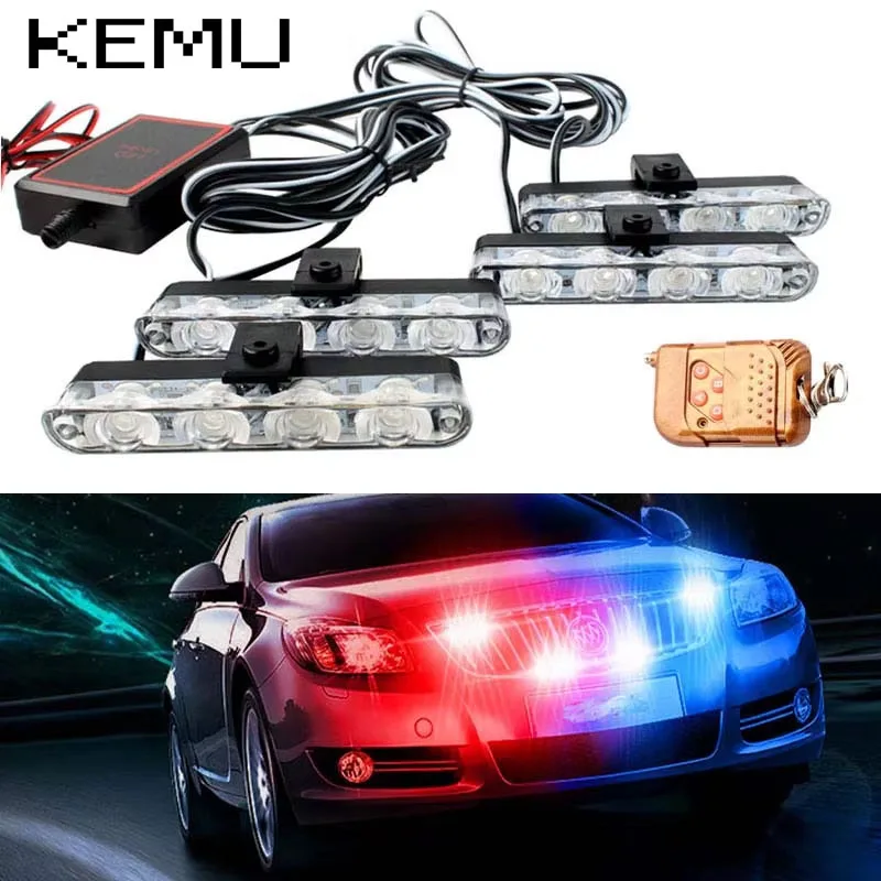

4 In 1 Red Blue Emergency Strobe Lights Police Lights 12V With Wireless Remote Control Flash Grille Light for Cars Truck Van SUV