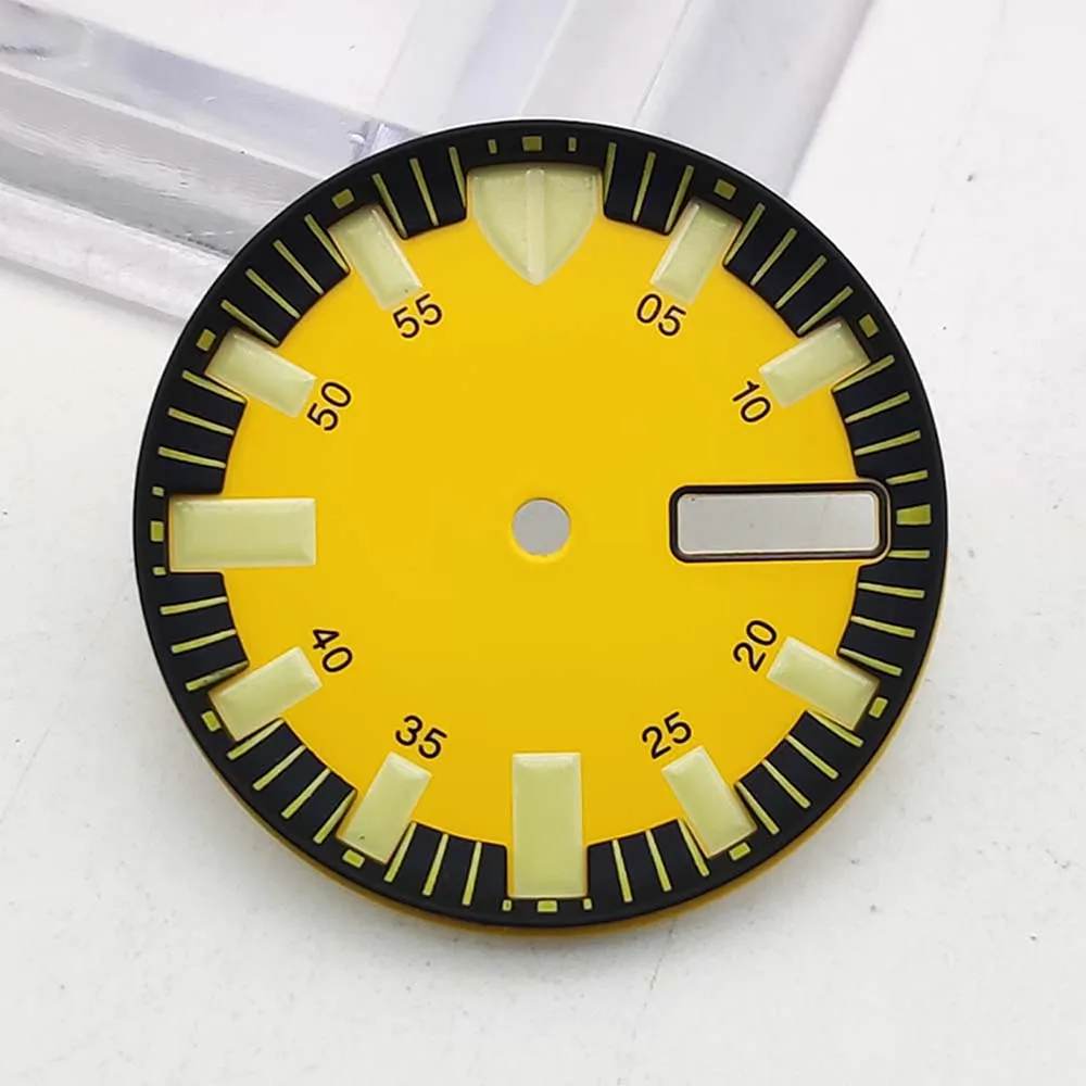 NH35 Dial 29mm Green Luminous Watch Faces for NH35 NH36 NH38 NH70 4R Movement Dual Calendar Internal Bezel Watch Dial Accessory