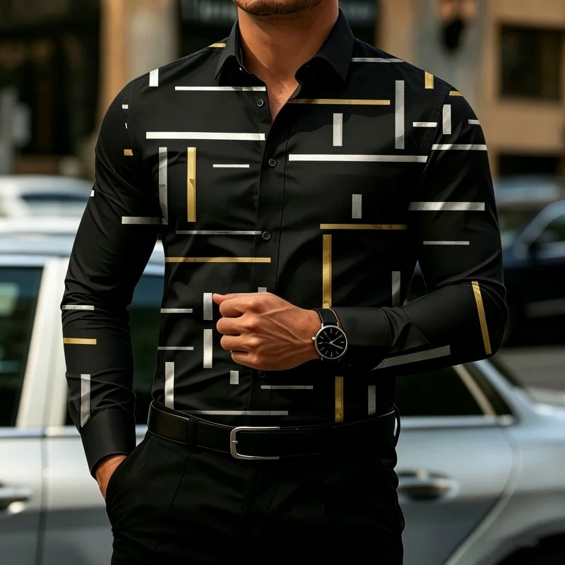 2026 New Men's Shirt Design Sense Line Shirt Abstract Geometric Printed Shirt Versatile Trendy Men's Comfortable Fabric XS-6XL