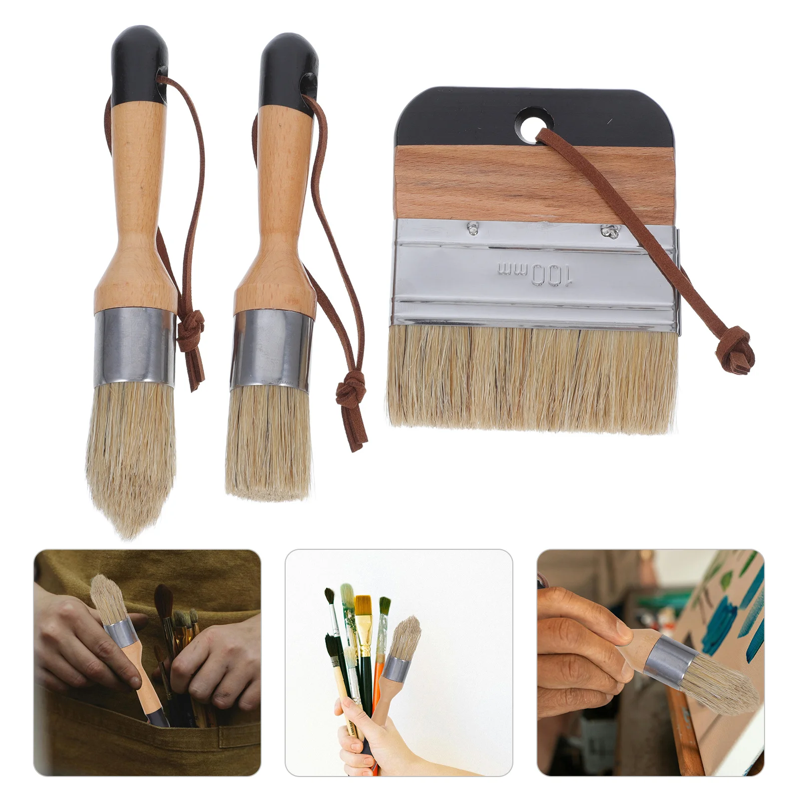 

Black Boar Bristle Brush Round Flat Folk Art Furniture Painting Wax Paint Tool for Wood Projects Wax Brush