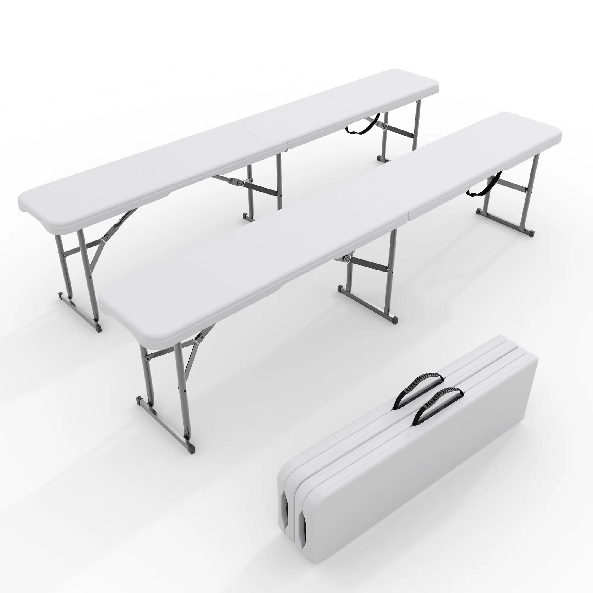 2-Pack 6ft Folding Outdoor Bench - HDPE Plastic Seat, Heavy-Duty Steel Frame - Weather-Resistant, collapsible Portable Seating w/ Carry Handle - Camping, Party, Sports