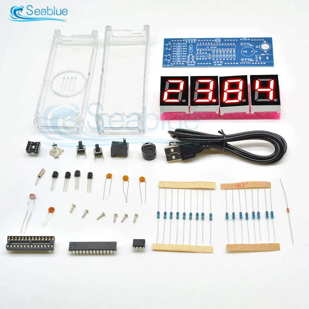 LED Electronic Clock DIY KIT Microcontroller Kit Red/Blue/Green/White Digital Clock Time Light Control Temperature Thermometer