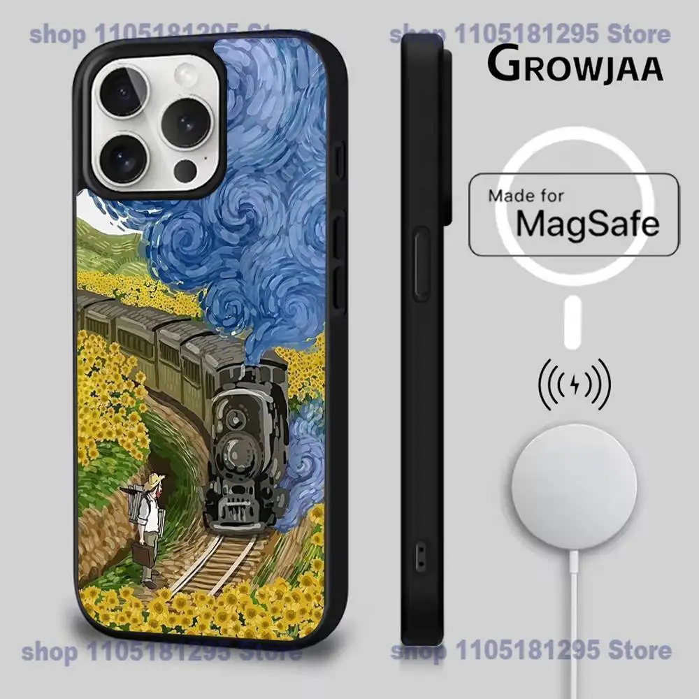 해바라기 아트 V-반 고흐 폰 케이스 아이폰 17,16,15,14,13,12,11,프로,맥스,플러스,미니,SE4,E용 마그네틱 맥세이프 무선 충전