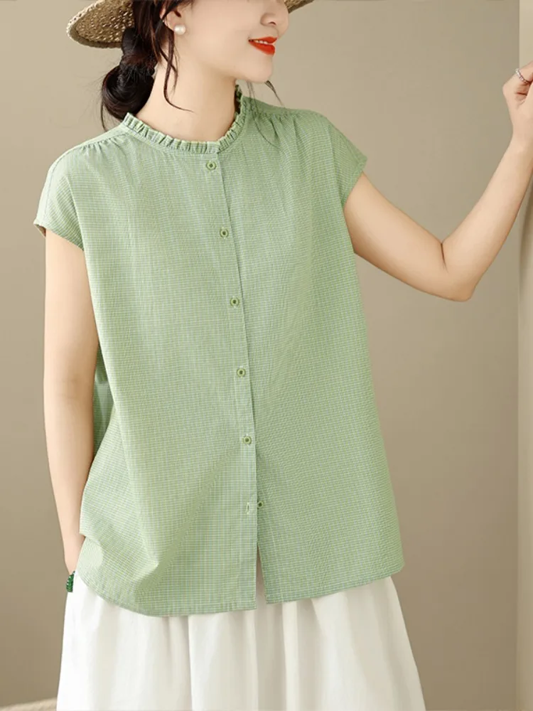 

Художественная зеленая хлопковая женская рубашка в клетку, летняя, омолаживающая, маленького размера, утягивающая, с кружевным круглым вырезом, тонкая