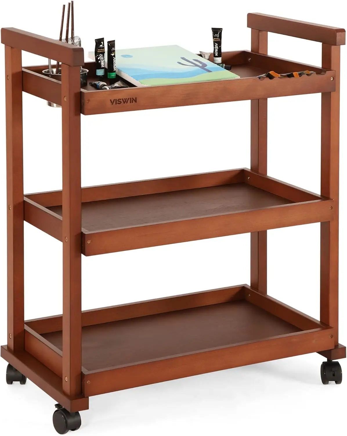 

3-Tier Rolling Art Supply Cart with Wheels, Solid Beechwood Storage Organizer for Studio and Classroom