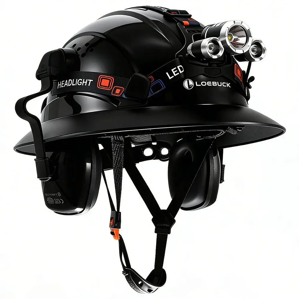 Loebuck Building Protective Earmuffs Hard Hat Wide Brim, Weil Recessed Headlight Lighting Sensing Strong Light Work Helmet