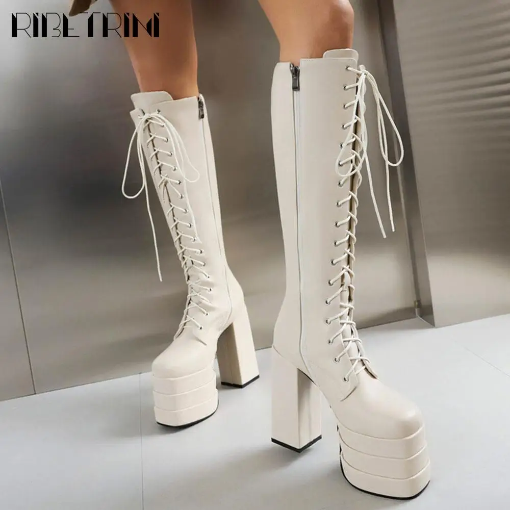 Cool Women Motorcycle Boots High Heeled Knee High Sassy Platform Shoes Lace Up Zip Luxury Designer Brand Winter Street Booties