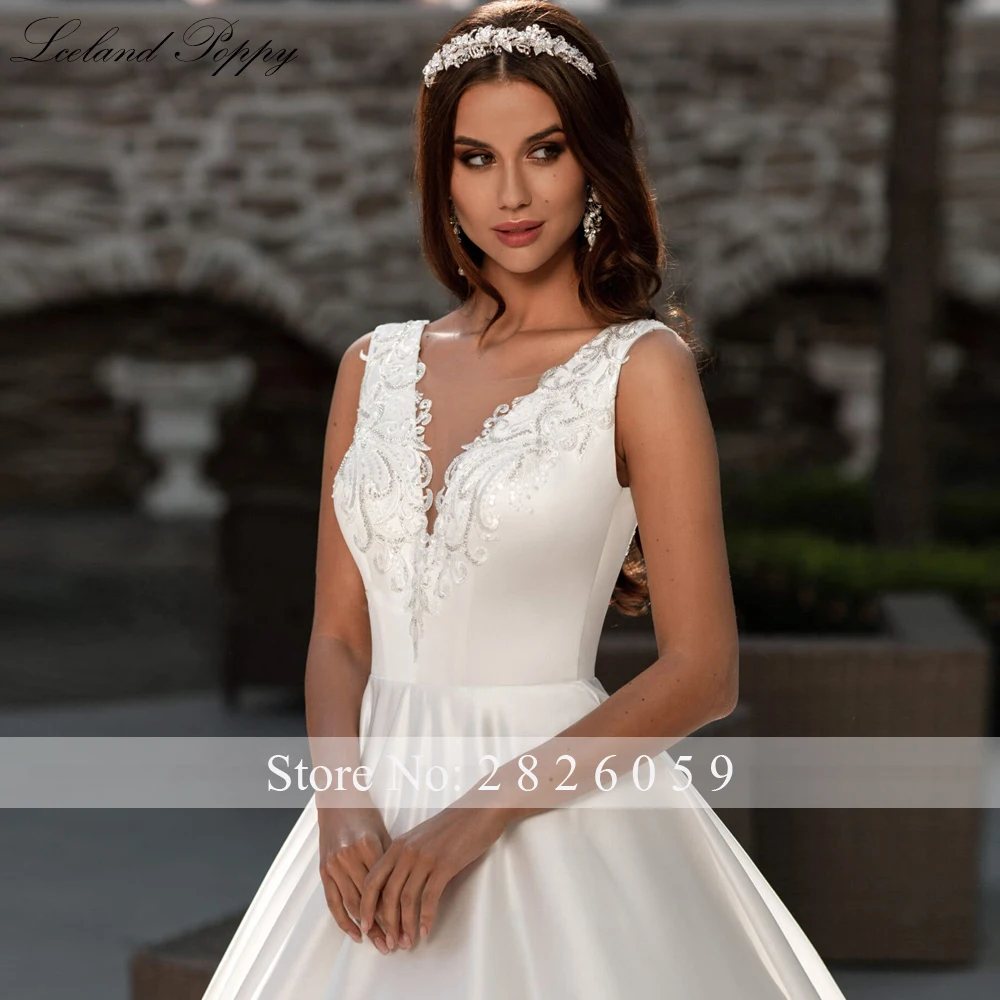 Lceland Poppy Customized A Line V Neck Beaded Appliques Satin Wedding Dresses Sleeveless Backless Bridal Gowns with Court Train