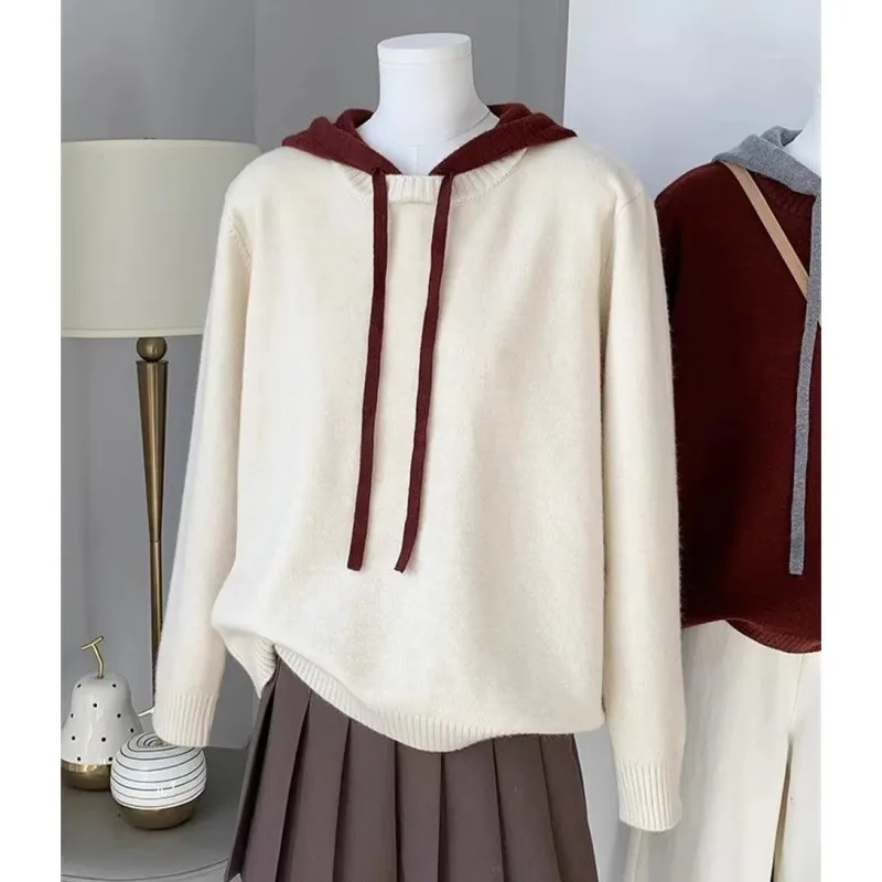 フード付きフェイクツーピース100％カシミヤセーター、ゆったりニットセーター、レディースウールベースのフーディー