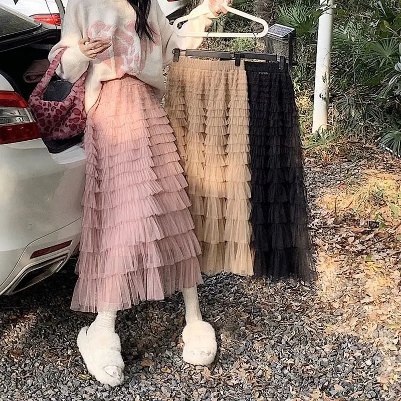 

High Waist A-Line Half Skirt Women's Autumn Winter Elegant Lady plus Size Black Puffy Cake Style Polyester Fiber Skirt