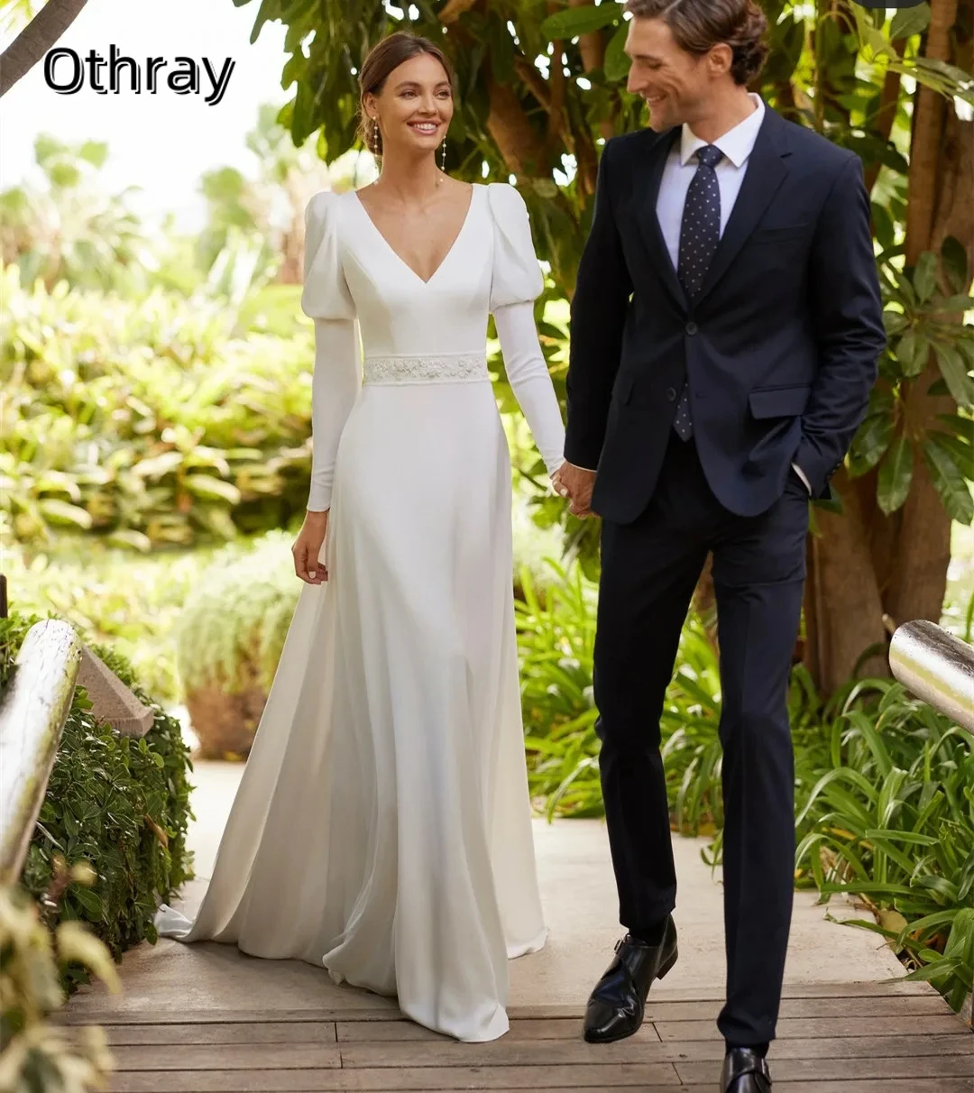 Othray Elegant Long Sleeve Crepe V-Neck Mermaid Wedding Dresses A-Line Lace Sweep Train Bridal Gowns for Women
