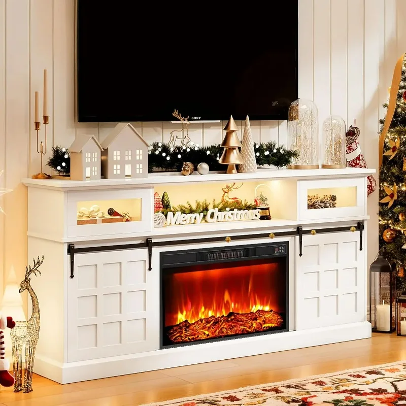 

【Hot Item】Fireplace TV Stand For 80 Inch Tv With Power Outlets & LED Lights, Rustic Media Console With & Flip Drawers, 70", Cust