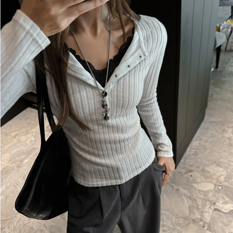 Striped V-neck Lace Splicing Long-sleeved Right-shoulder T-shirt Feminine Slim Fit Inner Layering Top