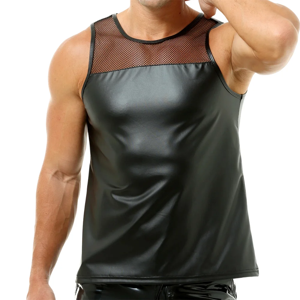 Sexy Men's Sleeveless T-shirts Splicing Mesh Faux Leather Tank Tops Slim Fit Stretchy Casual Muscle Vests Male Fashion Singlets