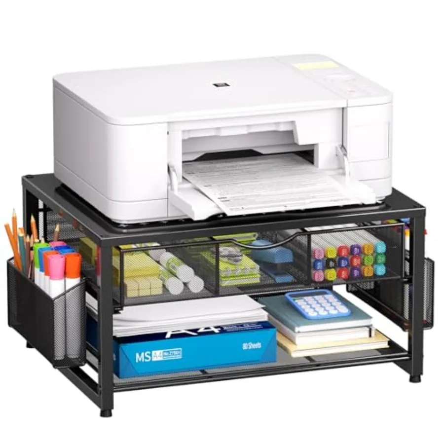 

Металлическая подставка для принтера на стол с выдвижным ящиком и 2 держателями для ручек, 2-уровневый настольный органайзер, столик для принтера для дома и офиса, многофункциональный