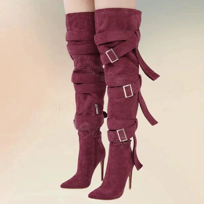 

Rose Red Buckle Decor Suede Pointy Toe Boots Side Zipper Women Shoes Thin High Heels Party Feast Dating 2025 Zapatos Para Mujere