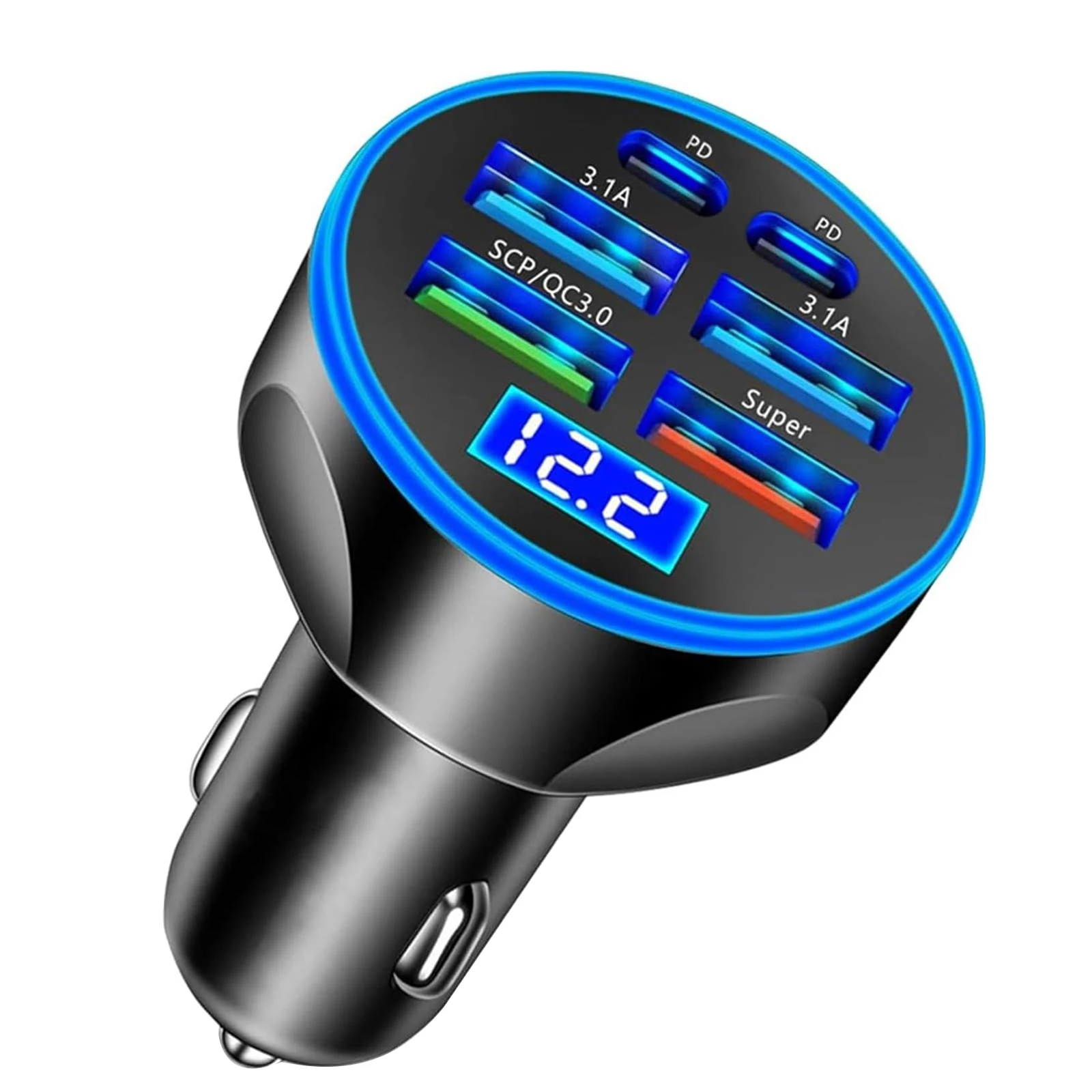 Car Charger 2PD Ports and 4USB Ports LED Digital Display USB PD Type C Fast Charging Car Phone Charger Adapter For Cell IPhone