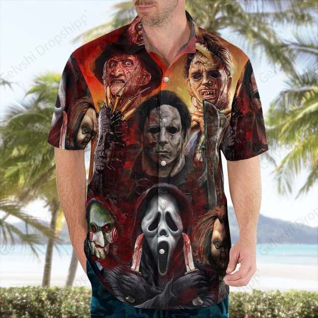 Camisas havaianas de Halloween para homens e mulheres, Chucky Michael Myers 3D Print, camisa de praia social, blusas casuais, moda rua