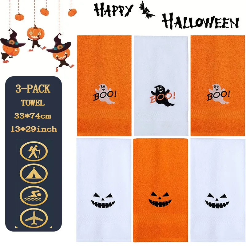 Halloween Holiday Embroidered Cotton 3-Piece Towel Set, Skin-Friendly, Soft, Highly Absorbent, Soft, Skin-Friendly and Durable, Can Be Used as a Gift for Home Bathroom, Face Washing, Bathing and Traveling