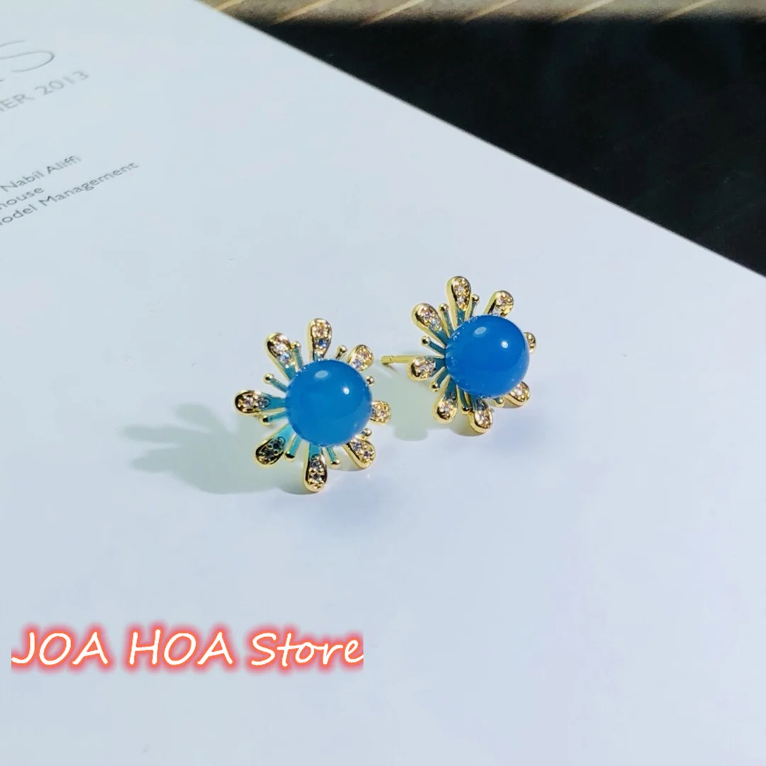 Sunflower Style High Quality Ear Studs 925 Silver With Gold Plated Inlay Natural Chalcedony Agate Jade Earrings Fine Jewelry