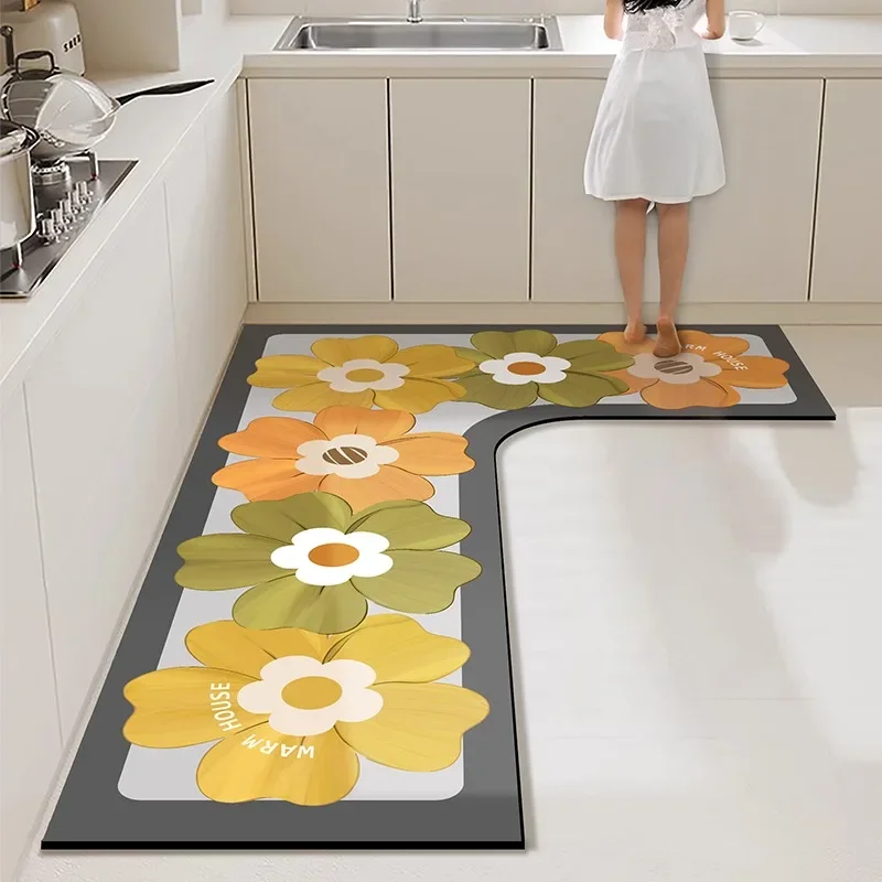 

Kitchen Floor Mat L-shaped Retro Floral Anti-slip Oil-proof Waterproof PVC Leather Wipeable Foot Rug Balcony Carpet Ковер Tapis