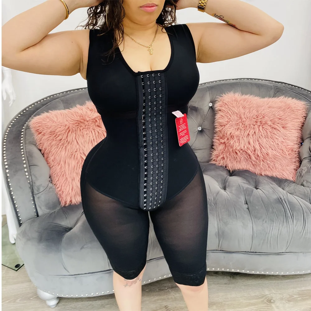 Women Tummy Control Shapewear Knee Length Body Shaper With Hook-Eye High Compression Faja Post Liposuction Garment Corset Sheath