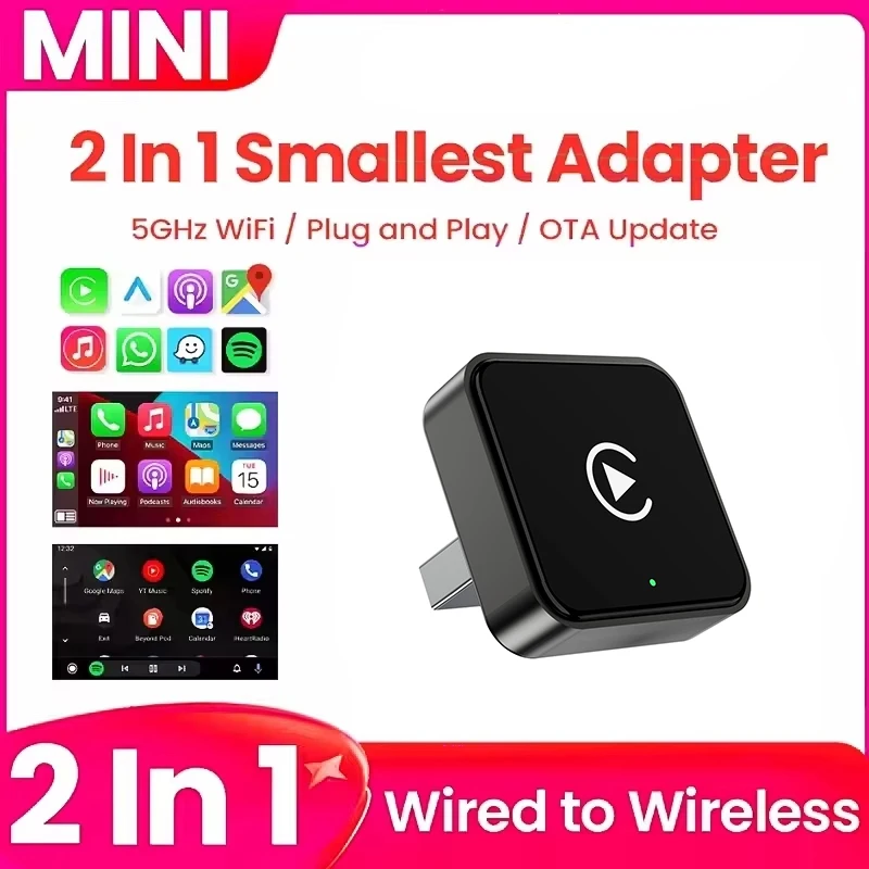 2026 New 2in1 Wired to Wireless CarPlay Adapter, Android Auto Dongle, High-Quality Car Accessory Smart Box 5GHz WiFi Type-C/USB