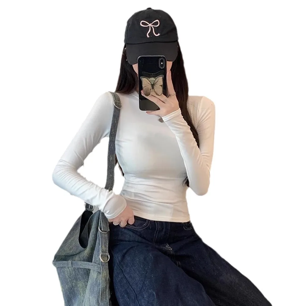 Tees Tops 2024 Spice Girls Geknepen taille T-shirt met lange mouwen Dames Lente en herfst effen kleur slim-fit Alles-in-één basis wit