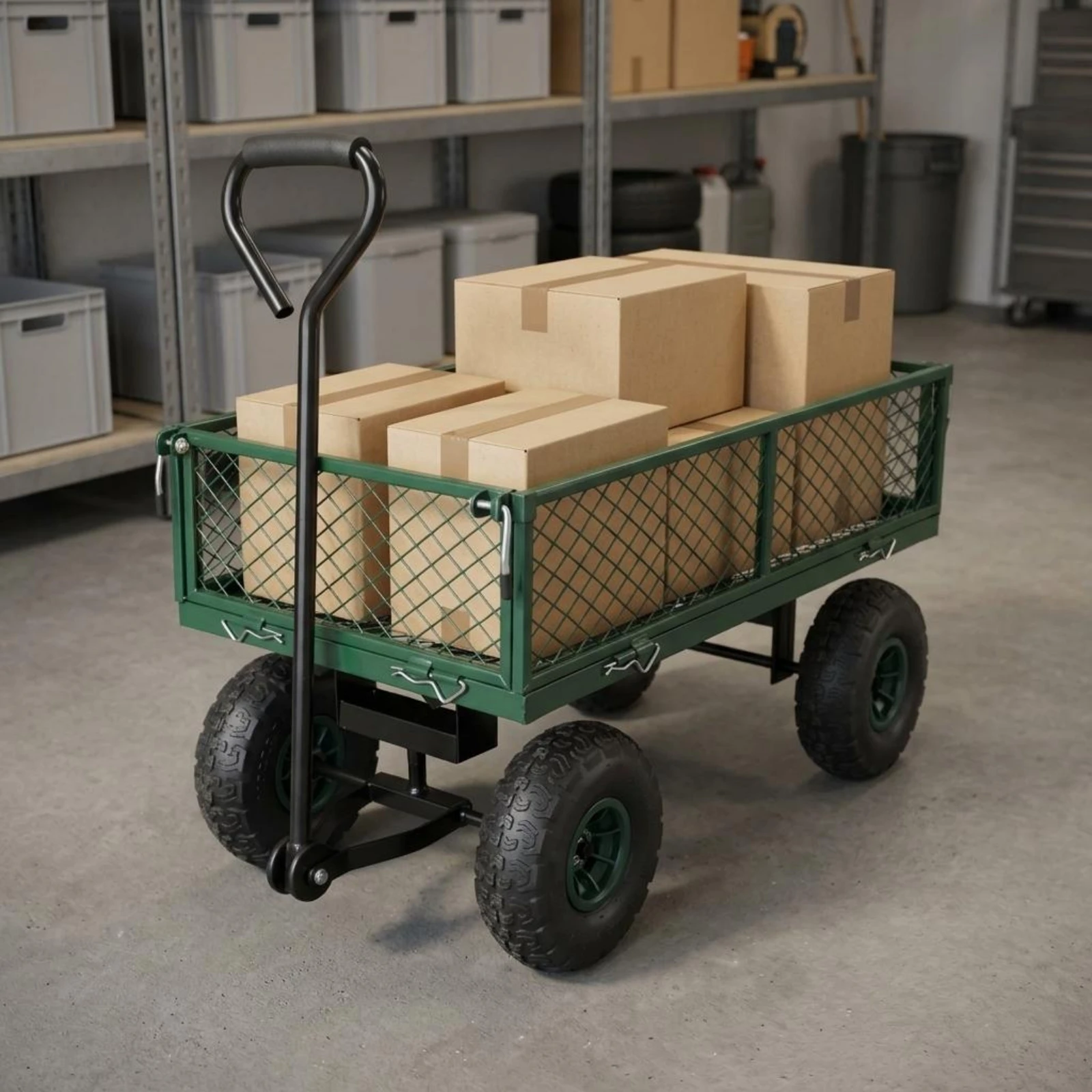 Four-Wheel Utility Wagon Metal Frame Mesh-Side Utility Wagon Pneumatic Tires Open Bed