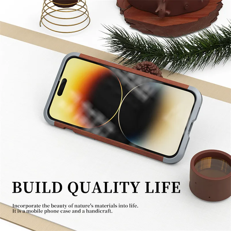 R-just Wood Metal Phone Case For Iphone 15 14 13 12 Pro Max Luxury Aluminum Slim Natural Wood Bumper For Iphone 16 Plus Cover