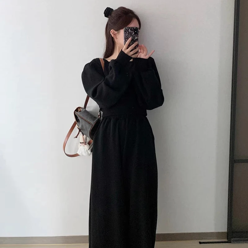 Chic Simple Spring Square Collar Loose Long Sve Sweatirt Elastic Waist Wide Leg Pants Set Faionable Ensemble