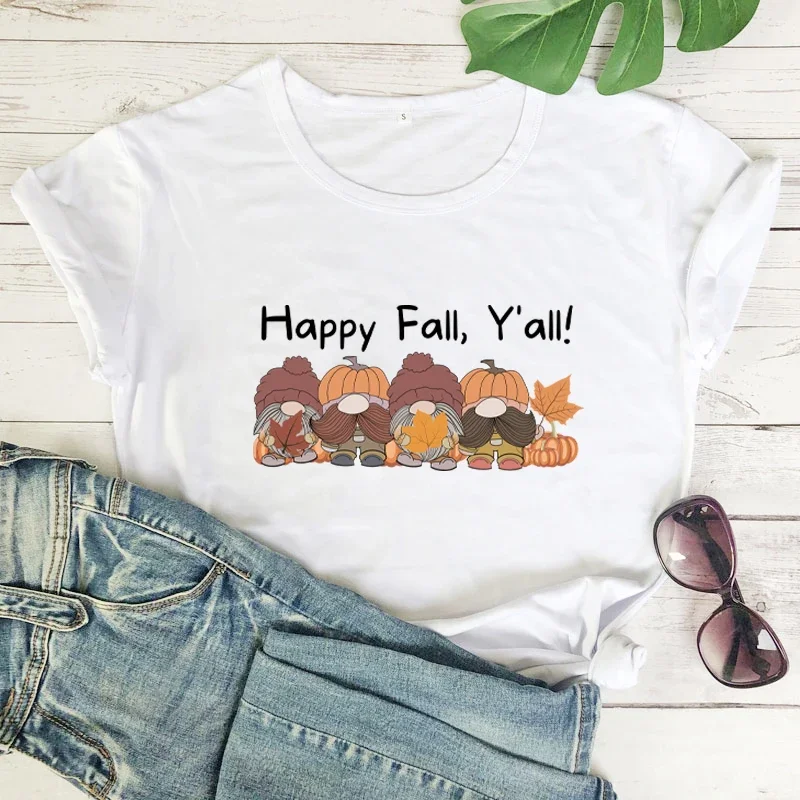 Women Letter Print T Shirt Happy Fall Yall Gnomes Colored T-shirt Happy Shirts Cute Tees Women Trendy Casual 90s Aesthetic Top