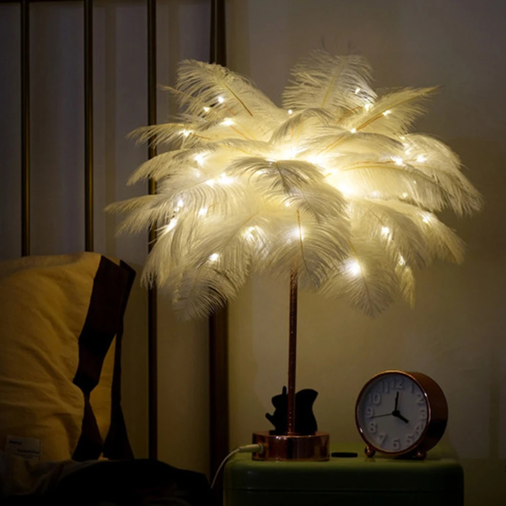 Lámpara de mesa de plumas LED de noche, luz cálida creativa DIY, pantalla de pluma de árbol, decoración de dormitorio del hogar de boda con Control remoto