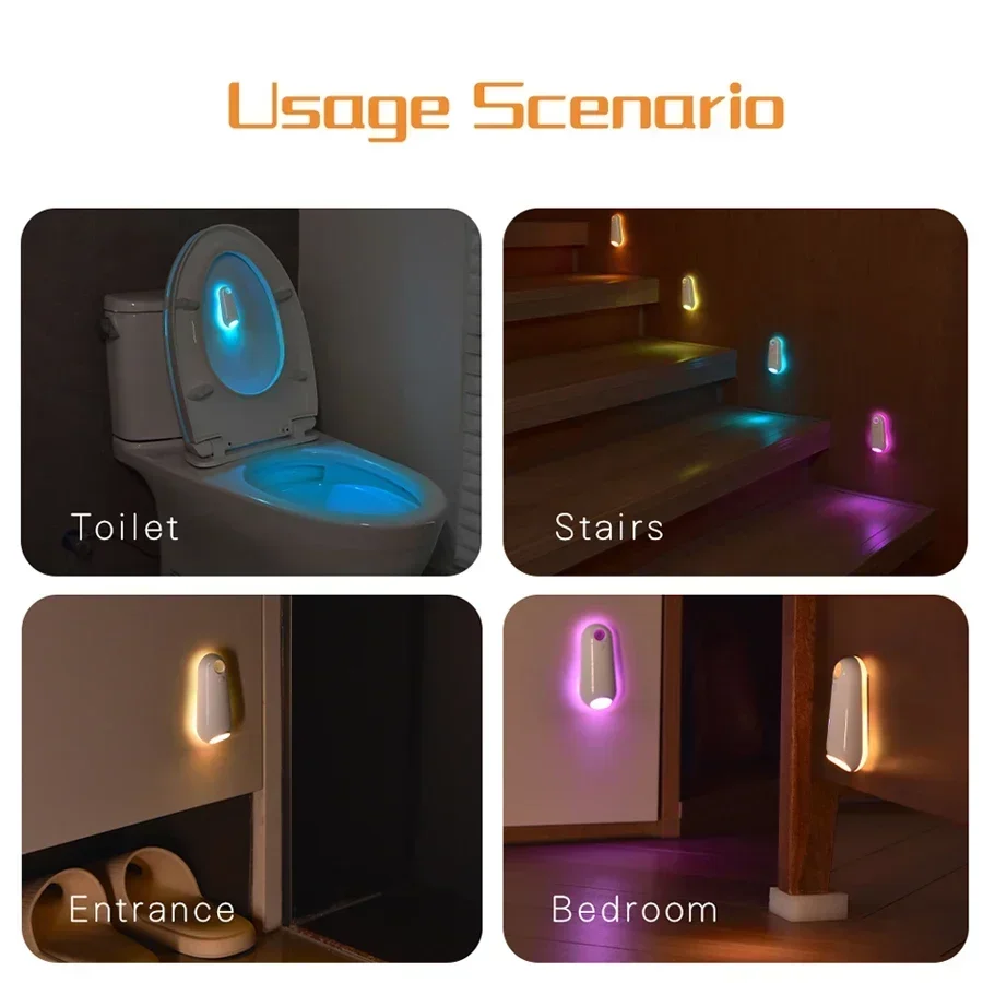 Toiletten-Nachtlicht, Bewegungsmelder, wiederaufladbares LED-Licht, 8 Farben, Fußlicht, Schlafzimmer, Badezimmer, Toilette, Flur, Treppe, Nachtlampe