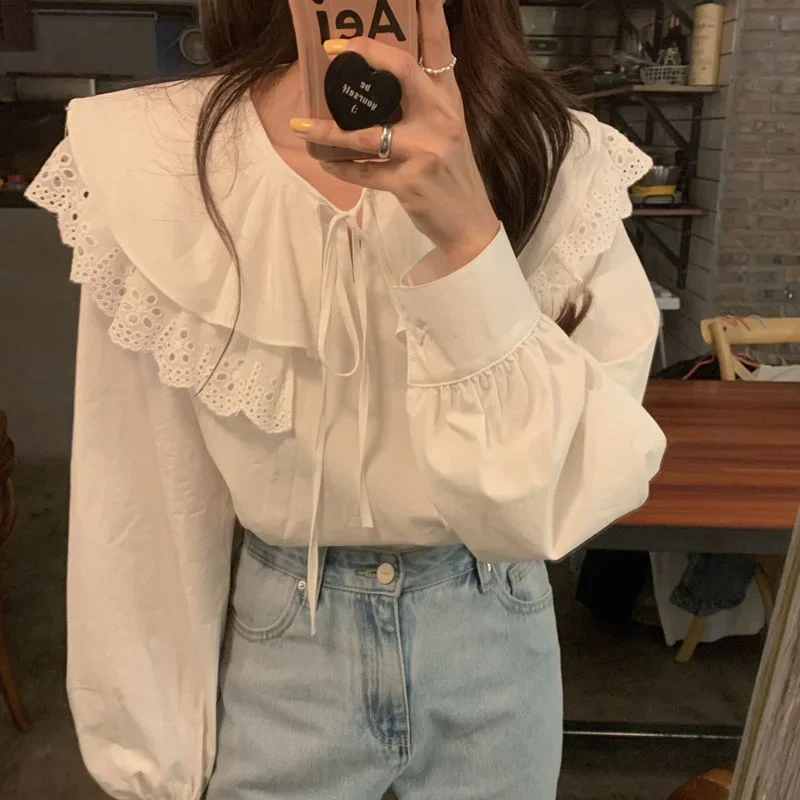 Peter Pan Collar Shirts Women Ruffles Sweet White Spring New Casual Students Korean Fashion French Style Lovely Simple Elegant