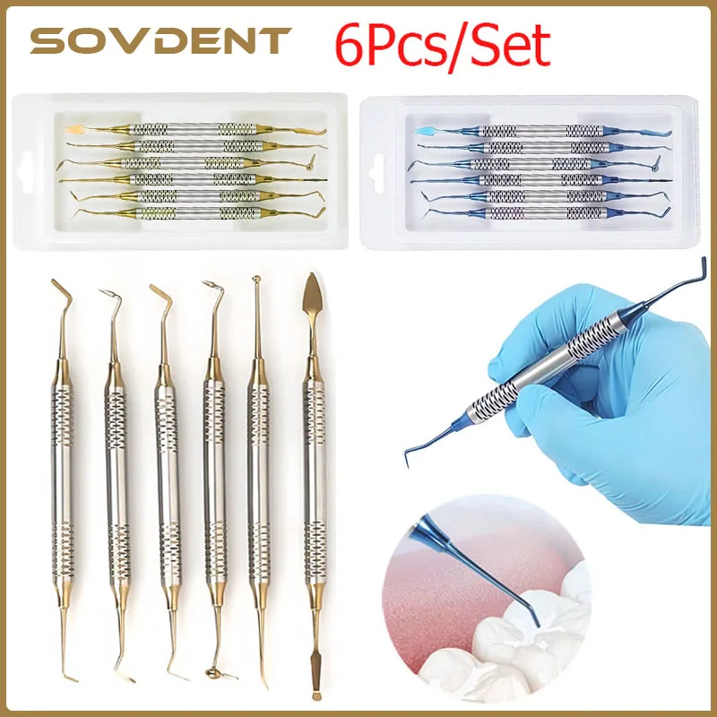 6Pcs/Kit Dental Composite Resin Filling Spatulas Head Titanium Plated Head Double  Fill Restoration Set Dentist Materials