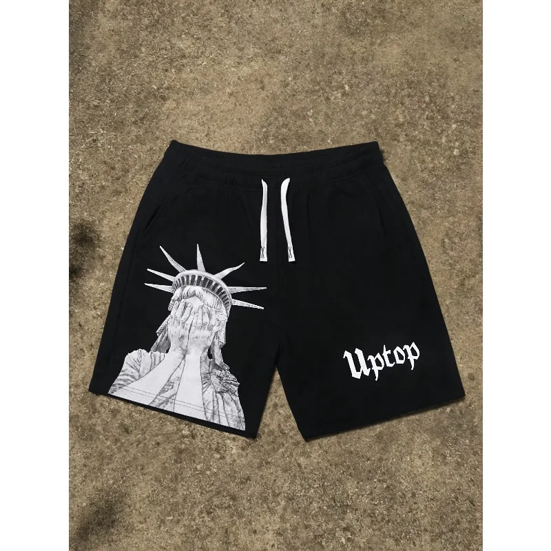 Men's Gothic Street Hip Hop Casual Shorts with Black Statue of Liberty Eye Mask Printed Men's Beach Shorts Hawaiian Shorts