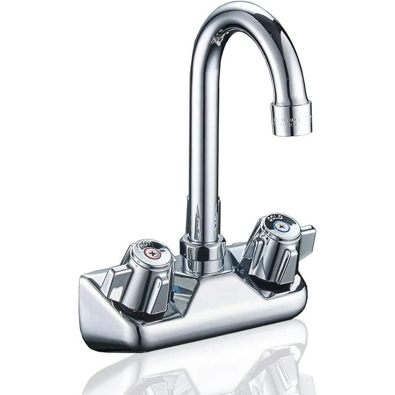 

Kitchen Sink Faucet Wall Mount 4" Center Commercial Kitchen Sink Faucet with 3-1/2" Gooseneck Spout Two Knob Handles Brass
