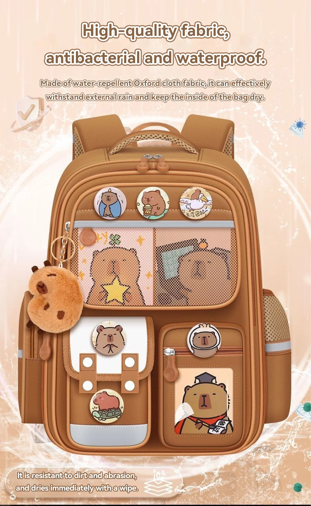 Wasserdichter Capybara-Rucksack, große Kapazität, ergonomischer Wirbelsäulenschutz, bequeme Schul- und College-Tasche mit breiten Trägern für Studenten – Detail 8