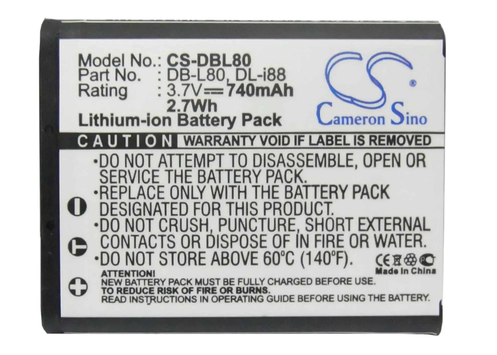 Camera Battery For PENTAX D-LI88   Sanyo DB-L80  DB-L80AU   Toshiba PX1686  PX1686E-1BRS  PX1686U  PX1686U-1BRS 740mAh